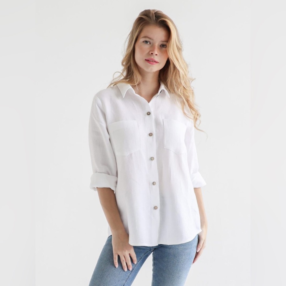 Azulu Linen Button Down Shirt in Pure White Size Small